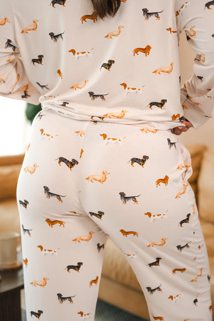 Back side of Beige Long-Sleeved Women's Pajama Set in Dachshund print