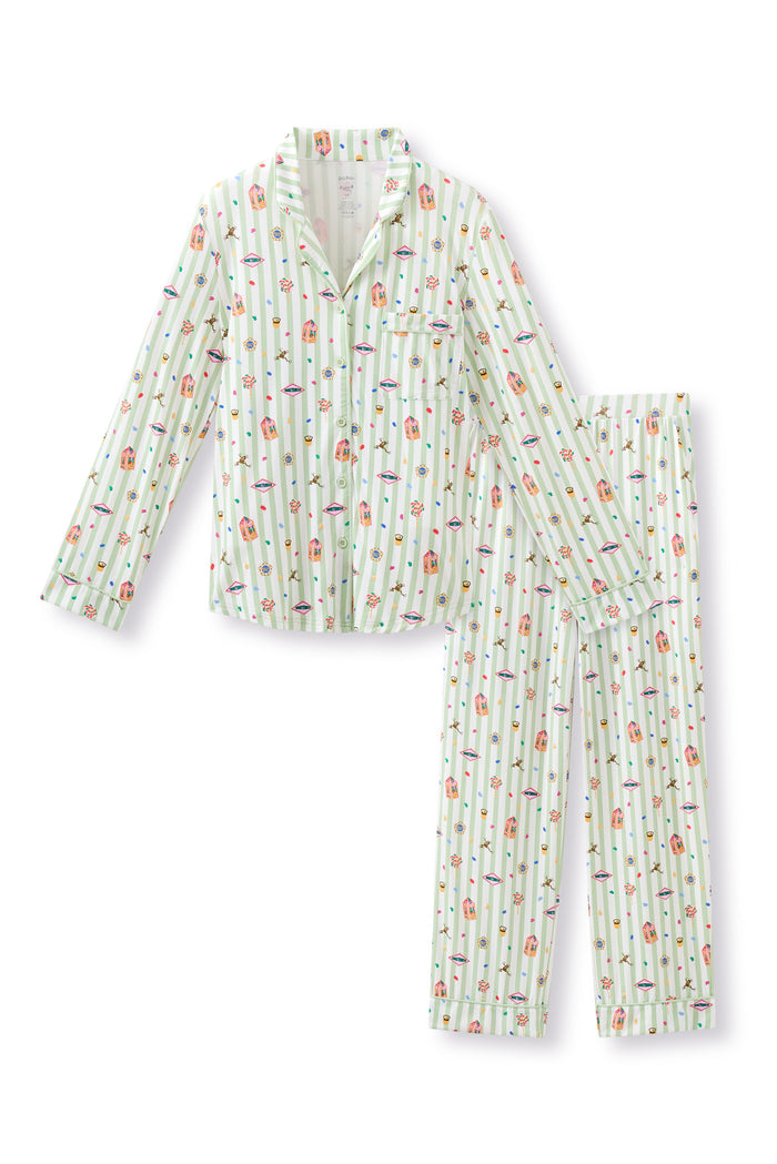 Green and white striped Long-Sleeved Women's Pajama Set with colorful Harry Potter pattern print on a white background