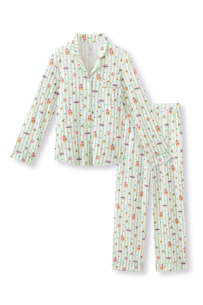 Green and white striped Long-Sleeved Women's Pajama Set with colorful Harry Potter pattern print on a white background
