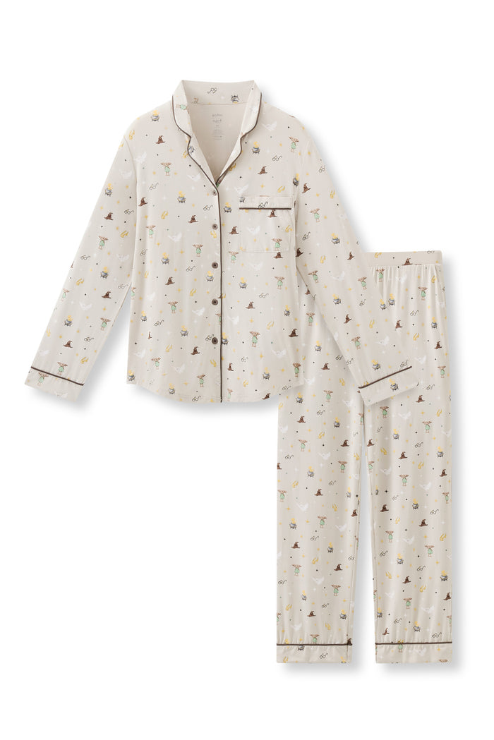 Beige Long-Sleeved Women's Pajama Set with Harry Potter print on a white background