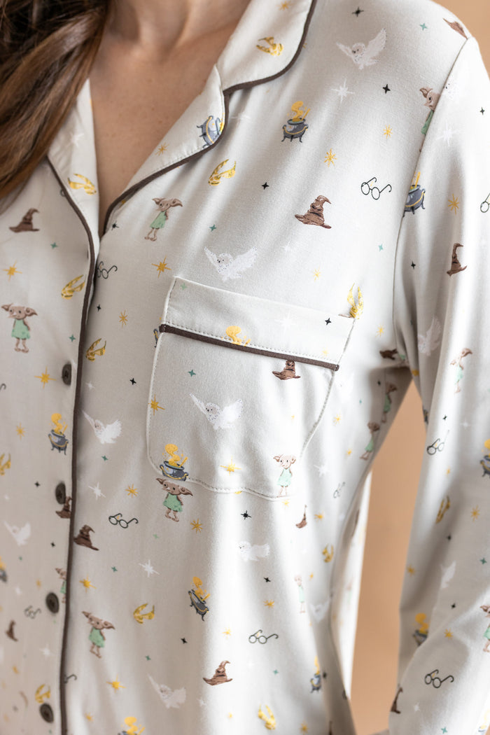 Pocket shirt of Long-Sleeved Women's Pajama Set having Harry Potter prints on a cream fabric.