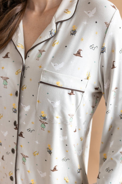 Pocket shirt of Long-Sleeved Women's Pajama Set having Harry Potter prints on a cream fabric.