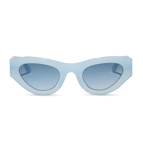 for love & lemons diff eyewear featuring the lucy cat eye sunglasses with a pastel blue acetate frame and blue gradient polarized lenses front view