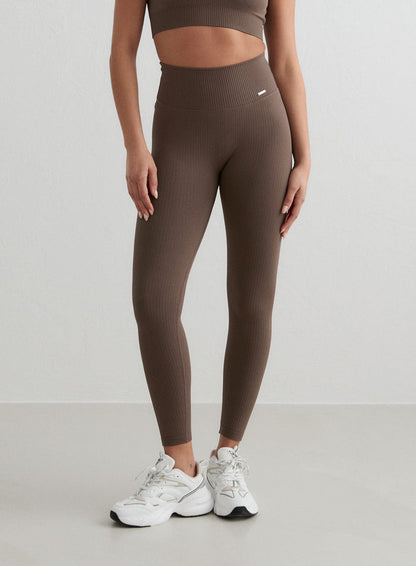 Brown high-waisted Ribbed Seamless Tall Tights by aim'n featuring a second skin feel and flexible ribbed texture.