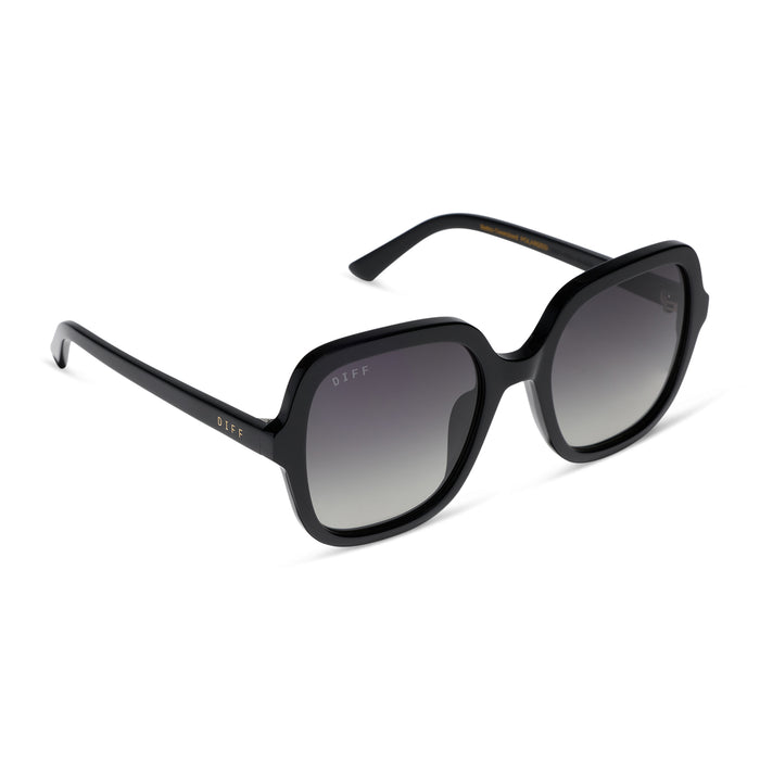diff eyewera marlo square oversized sunglasses with a black acetate frame and grey gradient lenses angled view