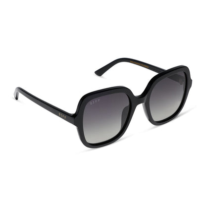 diff eyewera marlo square oversized sunglasses with a black acetate frame and grey gradient lenses angled view