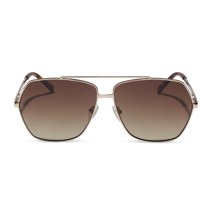 diff eyewear maude oversized aviator sunglasses with a gold metal frame and brown gradient polarized lenses front view