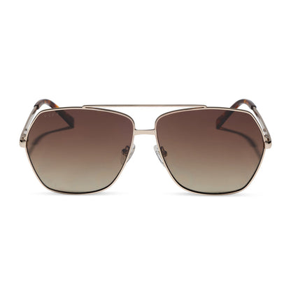 diff eyewear maude oversized aviator sunglasses with a gold metal frame and brown gradient polarized lenses front view