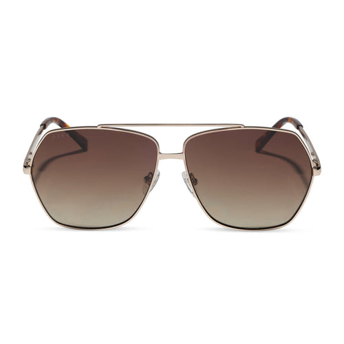 diff eyewear maude oversized aviator sunglasses with a gold metal frame and brown gradient polarized lenses front view
