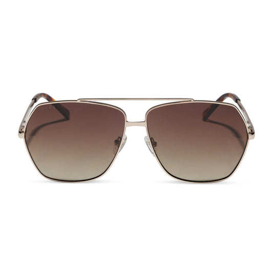 diff eyewear maude oversized aviator sunglasses with a gold metal frame and brown gradient polarized lenses front view