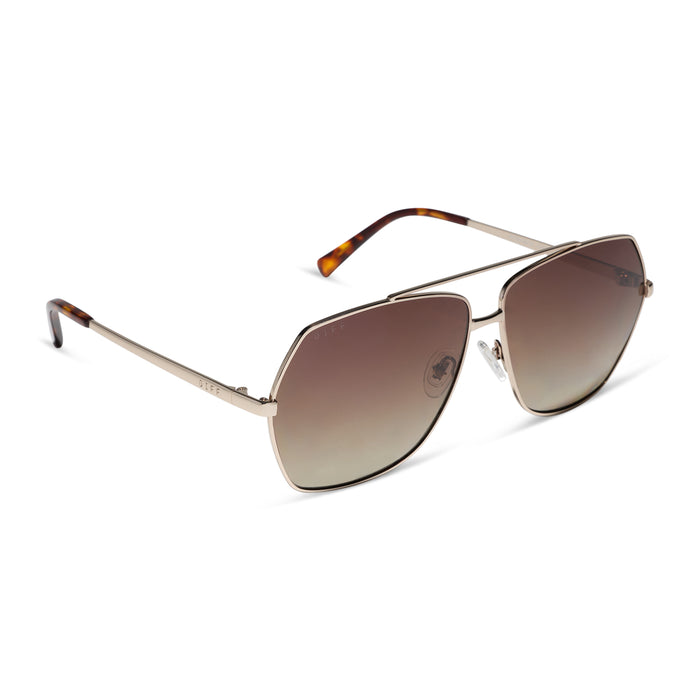 diff eyewear maude oversized aviator sunglasses with a gold metal frame and brown gradient polarized lenses angled view