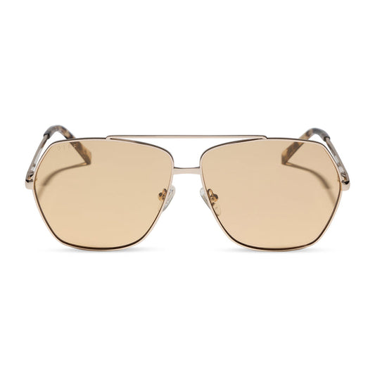 diff eyewear maude oversized aviator sunglasses with a gold metal frame and champagne yellow tint lenses front view