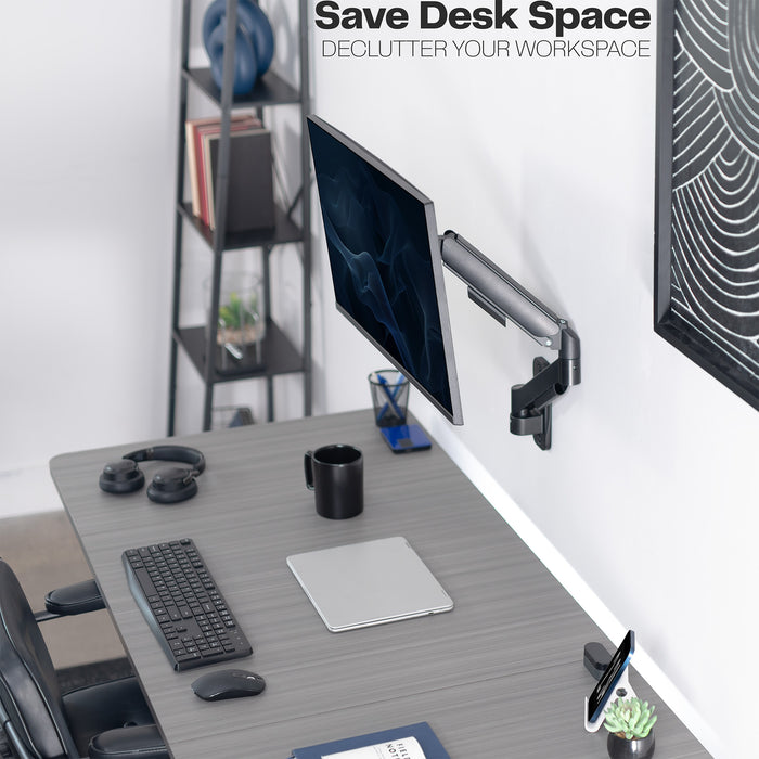 Sturdy adjustable mechanical arm single monitor ergonomic wall mount for office workstation.