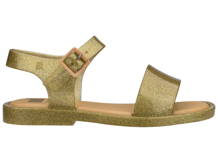 Golden glitter buckle sandals for girls, stylish and comfortable footwear perfect for parties and casual outings.