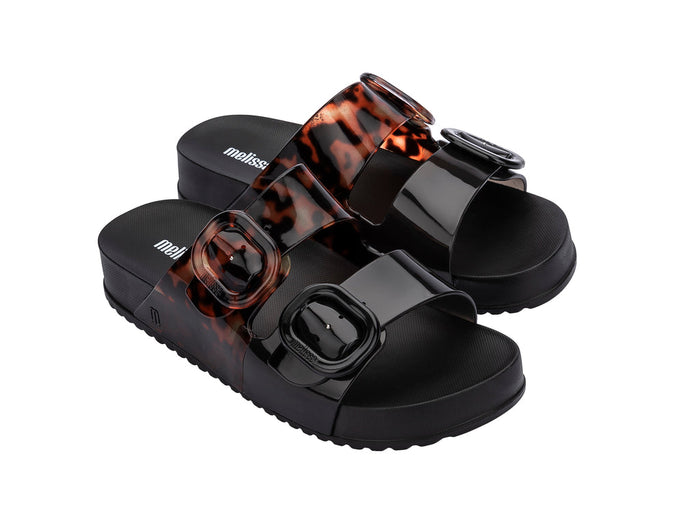 Melissa Cozy Black Slide Sandals for Women with Tortoise Printed Buckle Strap – Trendy and Comfortable Footwear