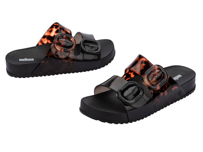 Melissa Cozy Black Slide Sandals for Women with Tortoise Printed Buckle Strap – Trendy and Comfortable Footwear