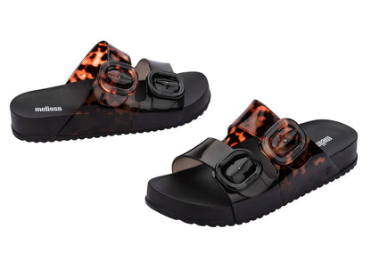 Melissa Cozy Black Slide Sandals for Women with Tortoise Printed Buckle Strap – Trendy and Comfortable Footwear