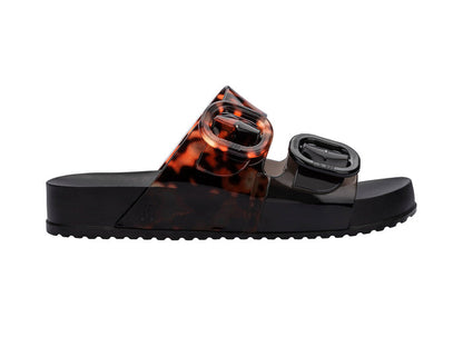 Melissa Cozy Black Slide Sandals for Women with Tortoise Printed Buckle Strap – Trendy and Comfortable Footwear