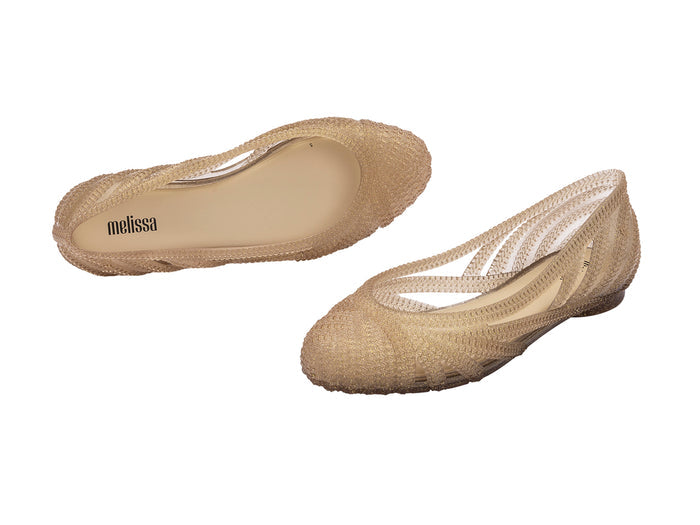 Melissa Femme Classy Beige Glitter Knitted Ballerinas for Women – stylish knitted beige ballerina flats with glitter finish, perfect for everyday and party wear