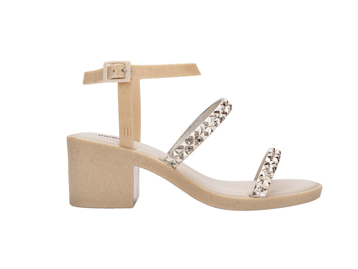 Melissa Glowing Heel AD Gold Beige Studded Block Heels Sandals For Women