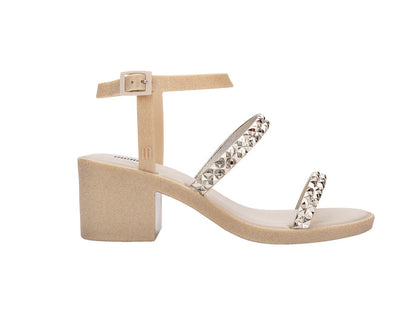 Melissa Glowing Heel AD Gold Beige Studded Block Heels Sandals For Women
