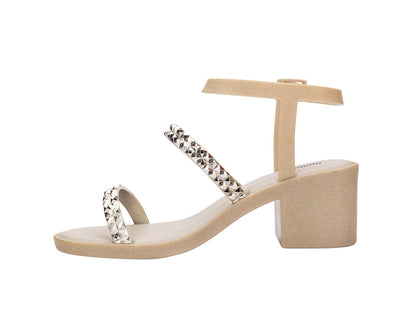 Melissa Glowing Heel AD Gold Beige Studded Block Heels Sandals For Women