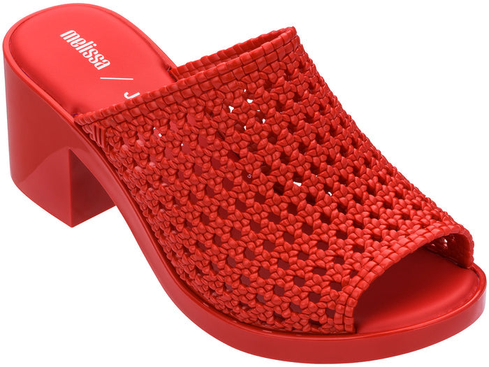 Melissa Mule II Jason Wu Block Heel Red Slide â€“ Elegant and stylish women's slip-on sandal featuring a woven texture and chic block heel design.