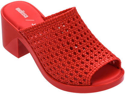Melissa Mule II Jason Wu Block Heel Red Slide â€“ Elegant and stylish women's slip-on sandal featuring a woven texture and chic block heel design.