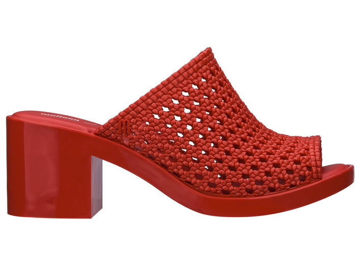 Melissa Mule II Jason Wu Block Heel Red Slide â€“ Elegant and stylish women's slip-on sandal featuring a woven texture and chic block heel design.
