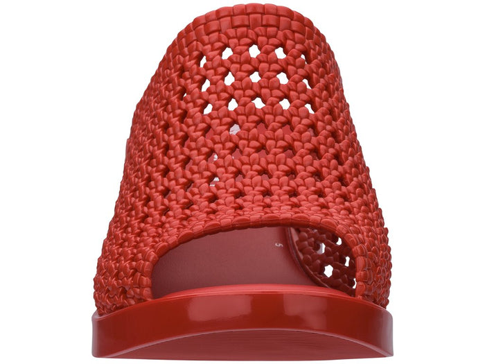 Melissa Mule II Jason Wu Block Heel Red Slide â€“ Elegant and stylish women's slip-on sandal featuring a woven texture and chic block heel design.