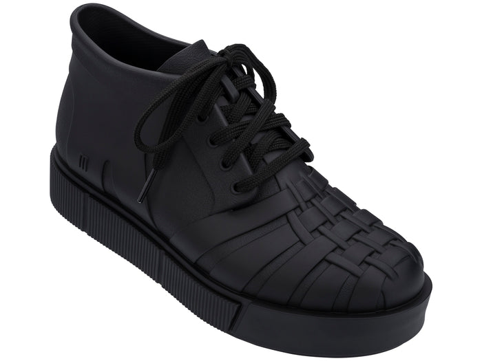 Melissa Shadow lace up solid black classic sneakers for women with comfortable fit and timeless casual style