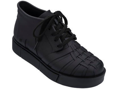 Melissa Shadow lace up solid black classic sneakers for women with comfortable fit and timeless casual style