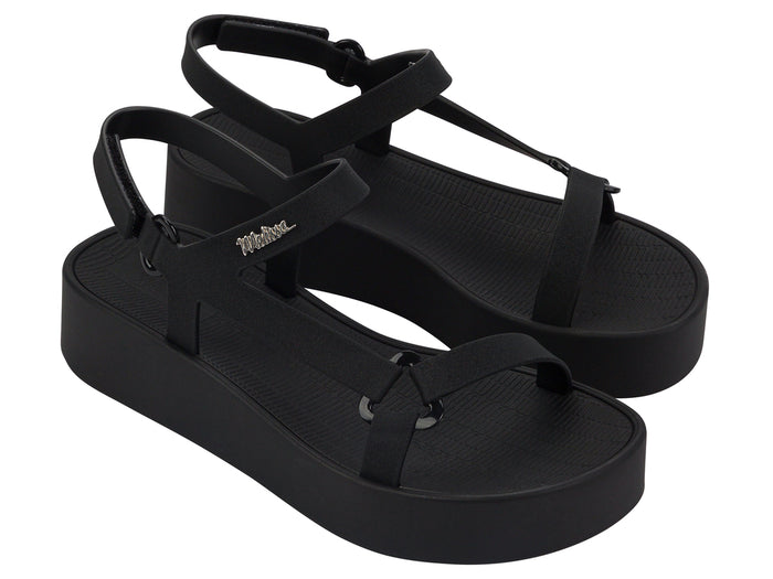 Melissa Sun Downtown Velcro Black Platform Sandal for Women â€“ Trendy and comfortable black sandals with a secure velcro strap and elevated sole.