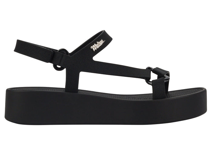 Melissa Sun Downtown Velcro Black Platform Sandal for Women â€“ Trendy and comfortable black sandals with a secure velcro strap and elevated sole.