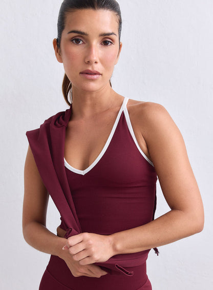 Merlot Shape Seamless Cross Back Bralette with white trim for a second skin feel by aim'n. [XS-165cm]