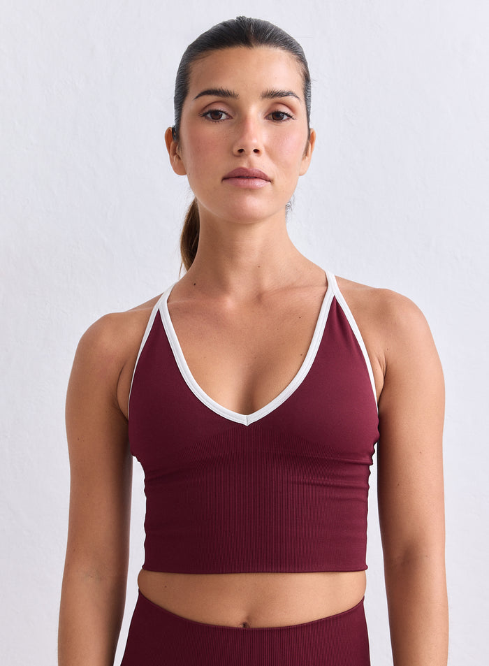 Merlot aim'n Shape Seamless Cross Back Bralette with ribbed fabric and contrasting white trim [XS-165cm]