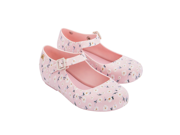 Mini Melissa Dora Floral Printed Pink Ballerinas for Girls – Stylish and comfortable pink ballerina shoes with a beautiful floral print, perfect for little girls' everyday wear.