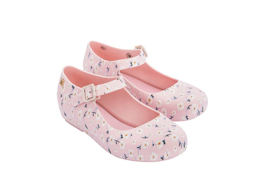 Mini Melissa Dora Floral Printed Pink Ballerinas for Girls – Stylish and comfortable pink ballerina shoes with a beautiful floral print, perfect for little girls' everyday wear.