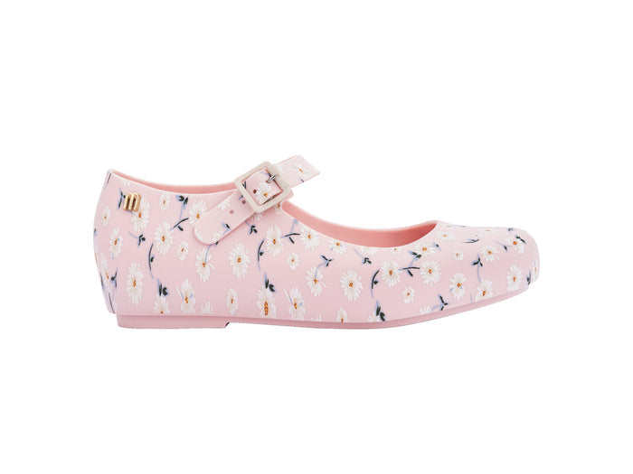 Mini Melissa Dora Floral Printed Pink Ballerinas for Girls – Stylish and comfortable pink ballerina shoes with a beautiful floral print, perfect for little girls' everyday wear.
