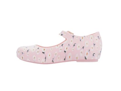 Mini Melissa Dora Floral Printed Pink Ballerinas for Girls – Stylish and comfortable pink ballerina shoes with a beautiful floral print, perfect for little girls' everyday wear.