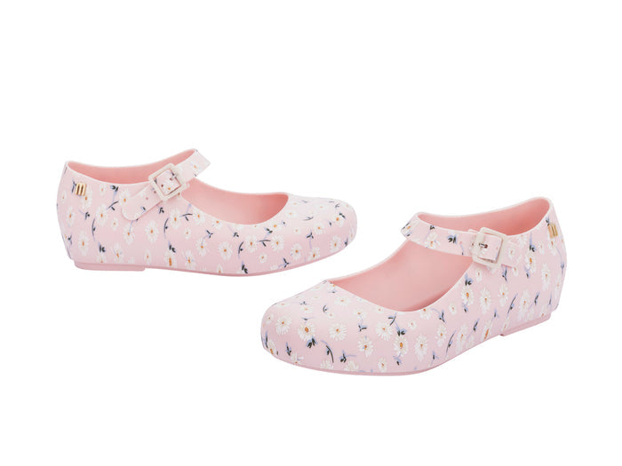 Mini Melissa Dora Floral Printed Pink Ballerinas for Girls – Stylish and comfortable pink ballerina shoes with a beautiful floral print, perfect for little girls' everyday wear.