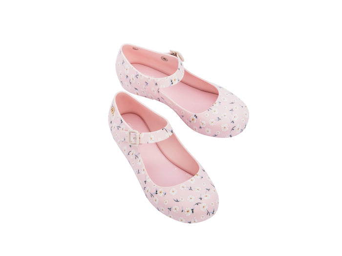 Mini Melissa Dora Floral Printed Pink Ballerinas for Girls – Stylish and comfortable pink ballerina shoes with a beautiful floral print, perfect for little girls' everyday wear.