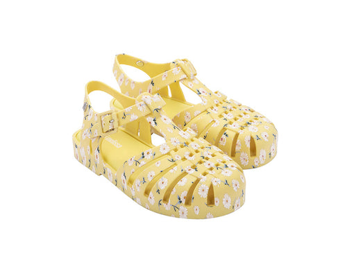 Mini Melissa Possession Floral Printed Yellow Sandals for Kids â€“ Trendy and comfortable jelly sandals with a vibrant floral print, perfect for everyday wear.