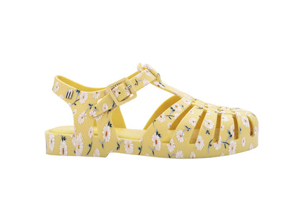Mini Melissa Possession Floral Printed Yellow Sandals for Kids â€“ Trendy and comfortable jelly sandals with a vibrant floral print, perfect for everyday wear.