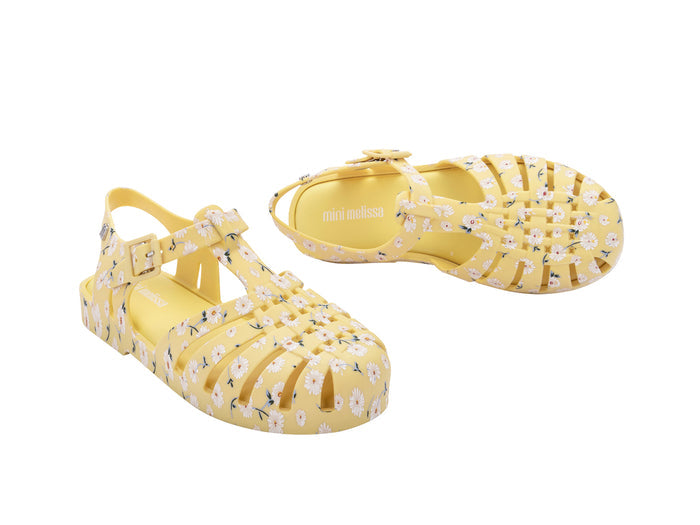 Mini Melissa Possession Floral Printed Yellow Sandals for Kids â€“ Trendy and comfortable jelly sandals with a vibrant floral print, perfect for everyday wear.