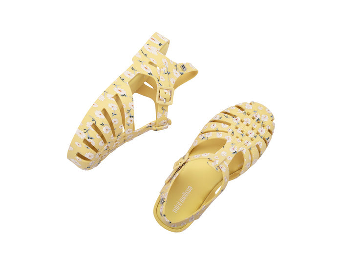 Mini Melissa Possession Floral Printed Yellow Sandals for Kids â€“ Trendy and comfortable jelly sandals with a vibrant floral print, perfect for everyday wear.