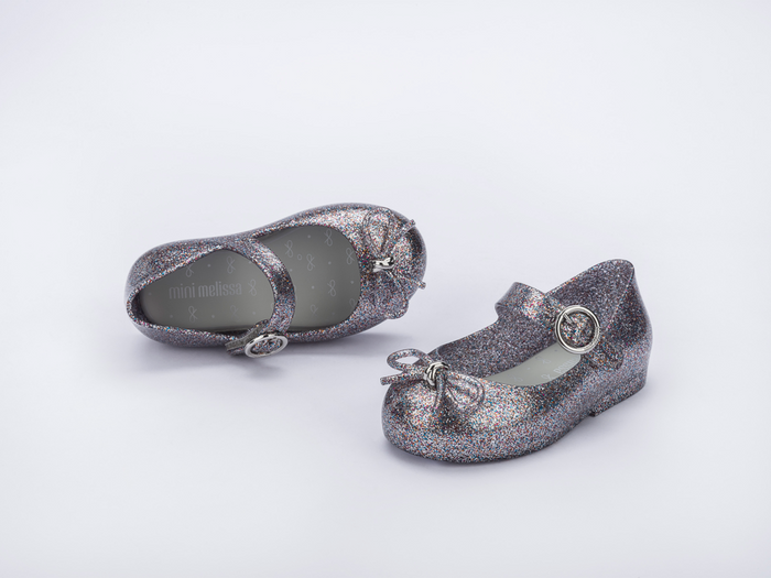 Mini Melissa Sweet Love Bow Applique Silver Glitter Ballerina For Baby Girls