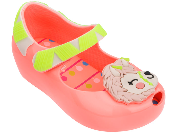 Mini Melissa Ultragirl Alpaca Me baby sandals in pink and yellow with a cushioned sole, designed for comfortable first steps and playful toddler footwear