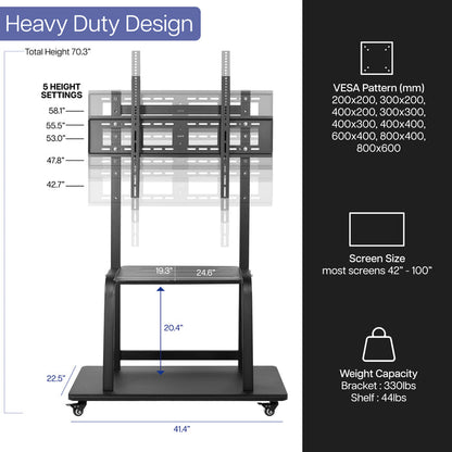 A solid steel-constructed mobile TV cart with a shelf for storage or decoration.