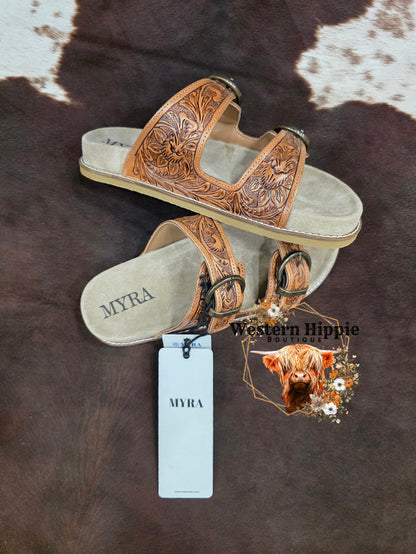 Myra Desert Fern Handtooled Leather Sandals